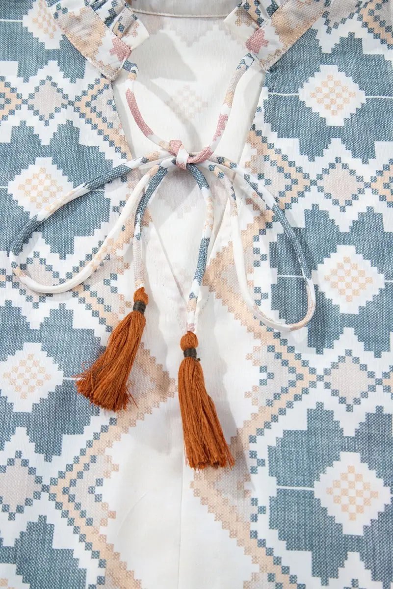 Khaki Geometric Print Tassel Tie Split Neck Balloon Sleeve Blouse - Love Salve 