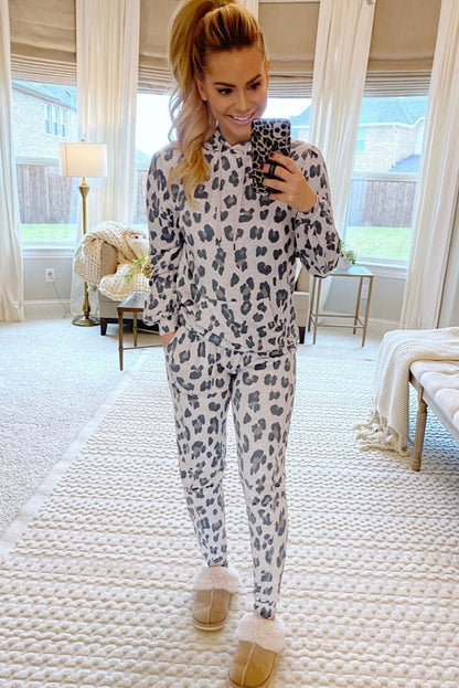 Khaki Leopard Print Drawstring Hoodie and Skinny Pants Lounge Set - Love Salve