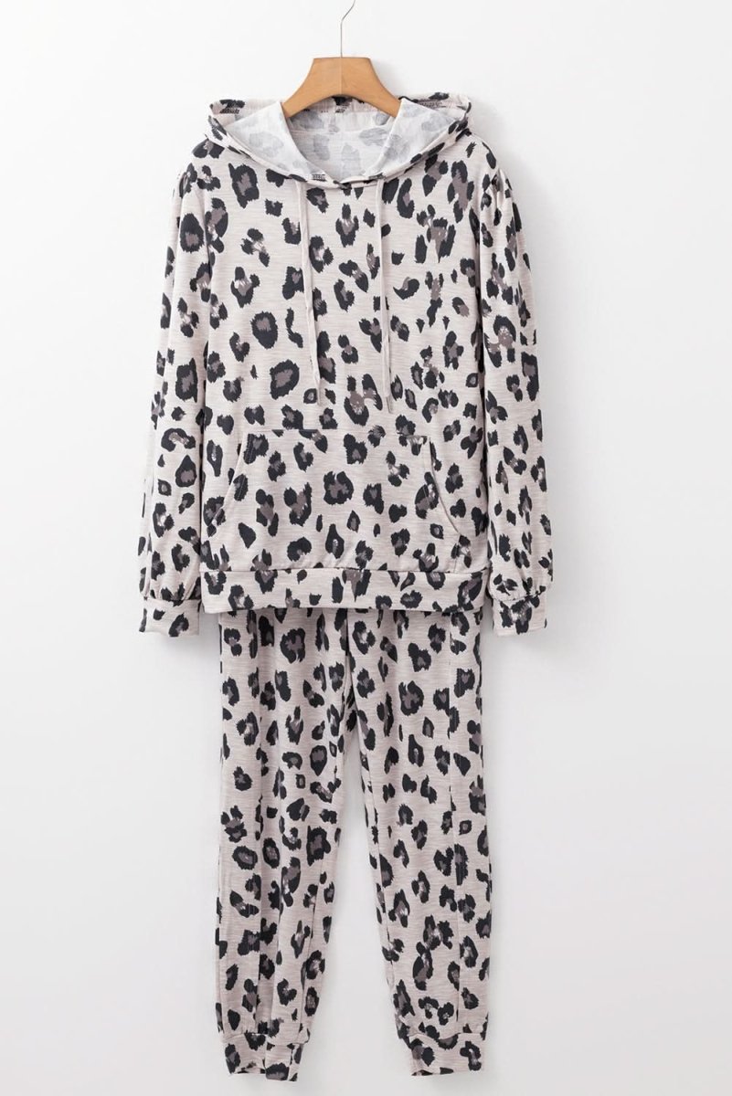 Khaki Leopard Print Drawstring Hoodie and Skinny Pants Lounge Set - Love Salve