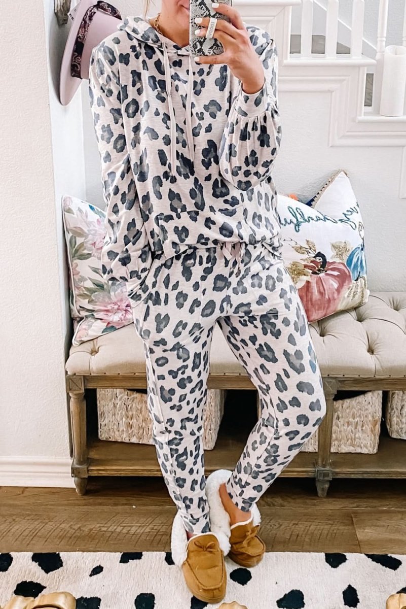 Khaki Leopard Print Drawstring Hoodie and Skinny Pants Lounge Set - Love Salve