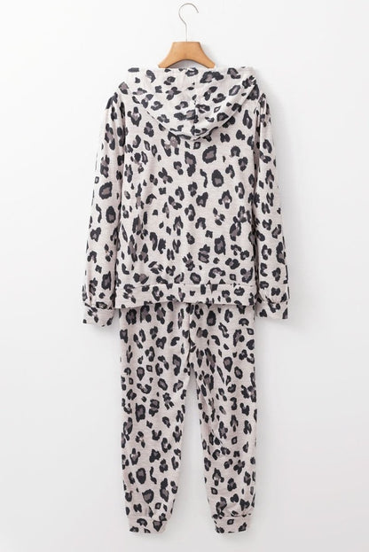 Khaki Leopard Print Drawstring Hoodie and Skinny Pants Lounge Set - Love Salve