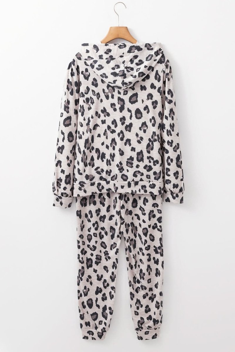 Khaki Leopard Print Drawstring Hoodie and Skinny Pants Lounge Set - Love Salve 