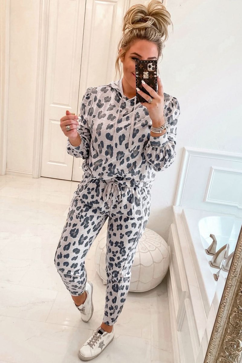 Khaki Leopard Print Drawstring Hoodie and Skinny Pants Lounge Set - Love Salve