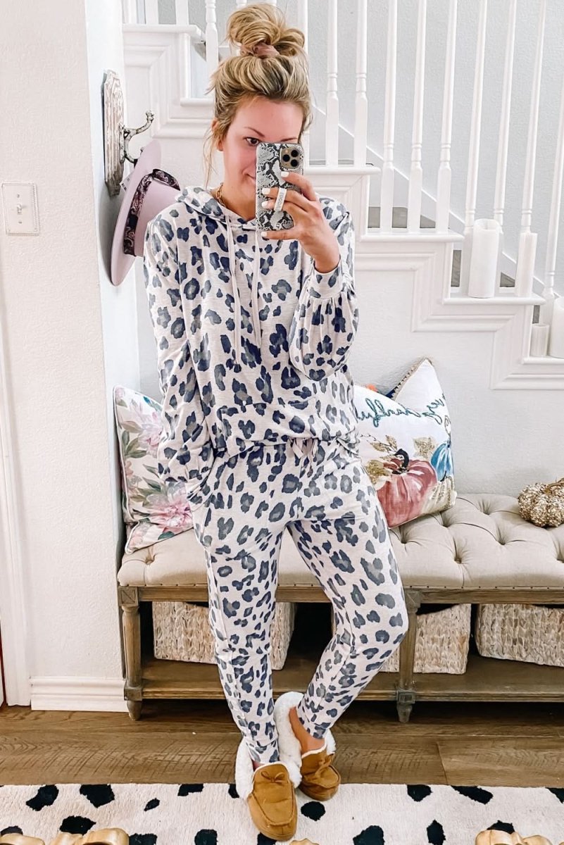 Khaki Leopard Print Drawstring Hoodie and Skinny Pants Lounge Set - Love Salve