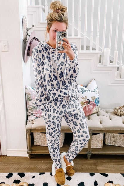 Khaki Leopard Print Drawstring Hoodie and Skinny Pants Lounge Set - Love Salve