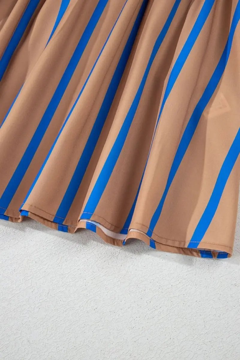 Khaki Stripe Contrast Striped Print 3/4 Sleeve Babydoll Plus Size Dress - Love Salve 