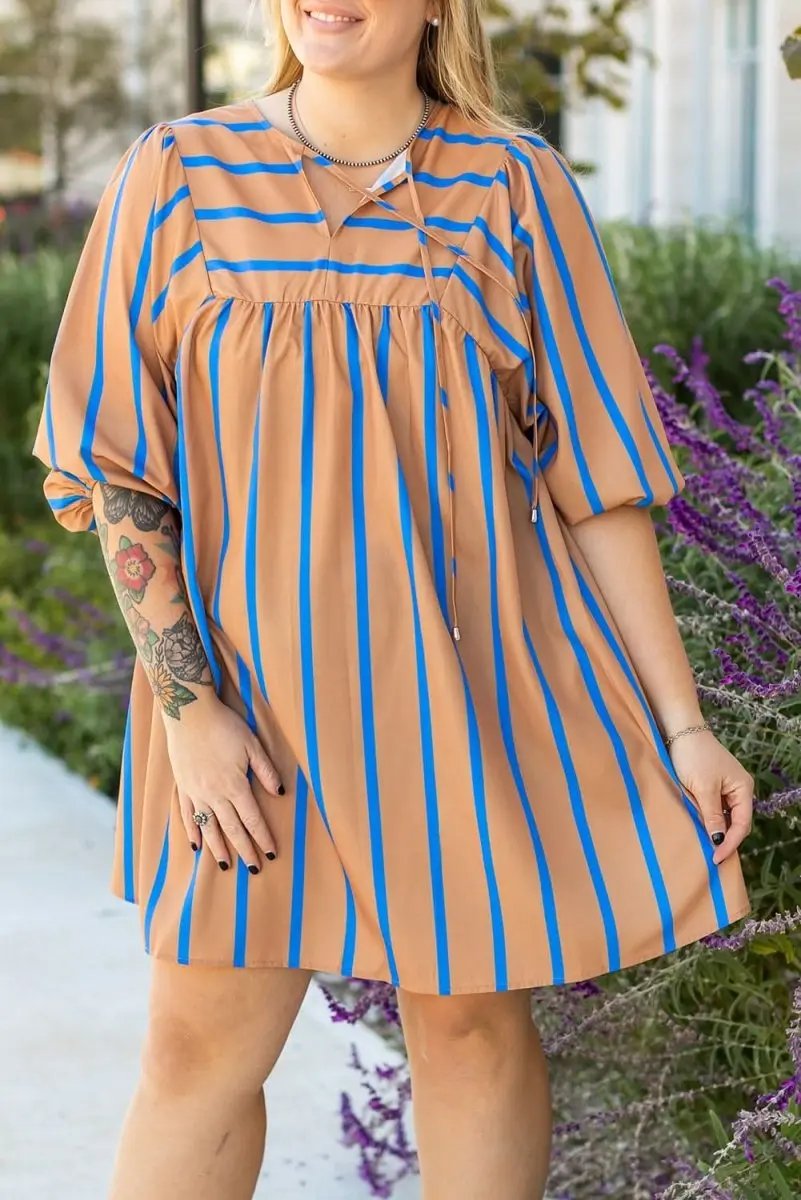 Khaki Stripe Contrast Striped Print 3/4 Sleeve Babydoll Plus Size Dress - Love Salve 