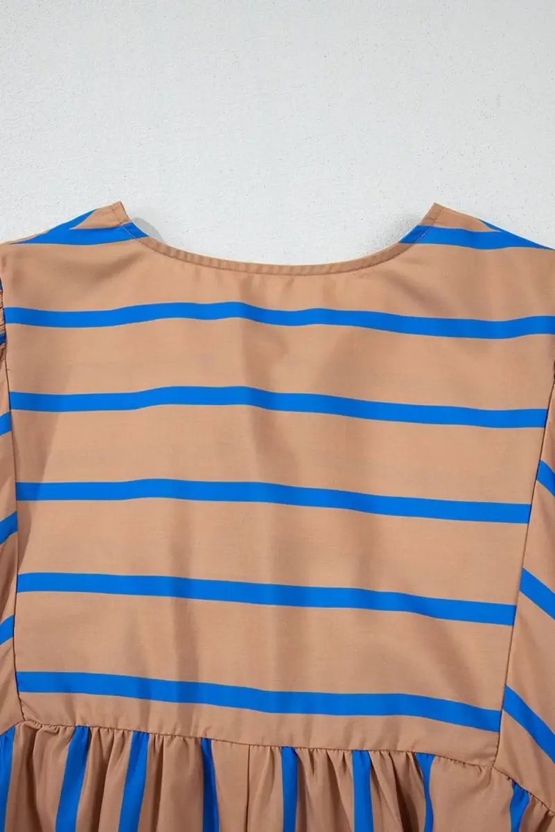 Khaki Stripe Contrast Striped Print 3/4 Sleeve Babydoll Plus Size Dress - Love Salve 