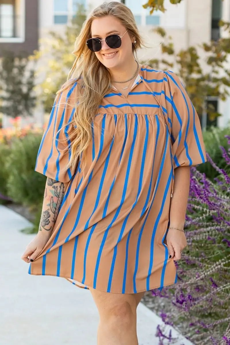 Khaki Stripe Contrast Striped Print 3/4 Sleeve Babydoll Plus Size Dress - Love Salve 