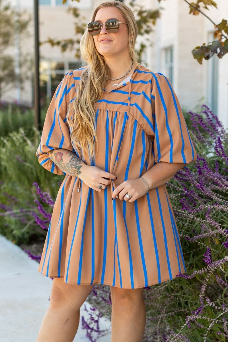 Khaki Stripe Contrast Striped Print 3/4 Sleeve Babydoll Plus Size Dress - Love Salve 