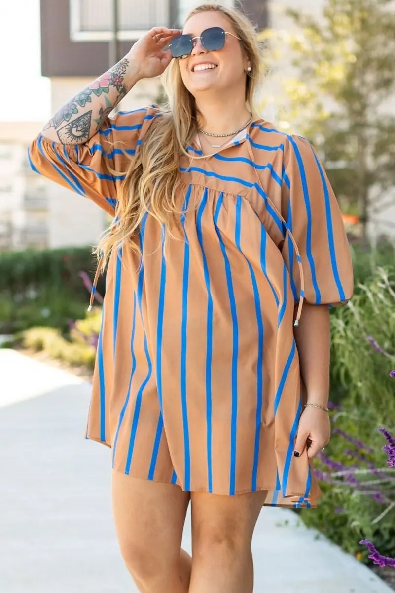 Khaki Stripe Contrast Striped Print 3/4 Sleeve Babydoll Plus Size Dress - Love Salve 