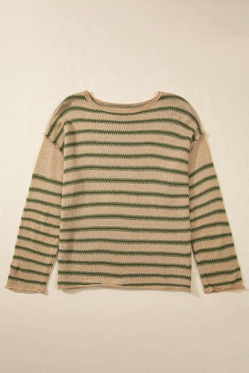 Khaki Stripe Drop Shoulder Casual Sweater - Love Salve 