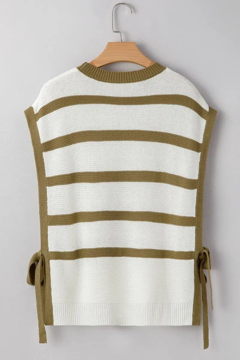 Khaki Stripe Tie Open Side Sweater Knitted Top for Women - Love Salve 