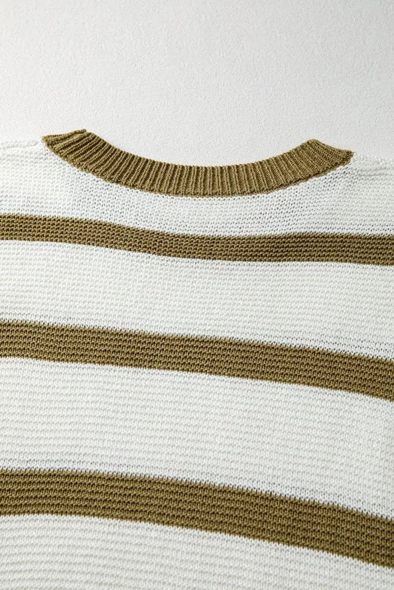 Khaki Stripe Tie Open Side Sweater Knitted Top for Women - Love Salve 