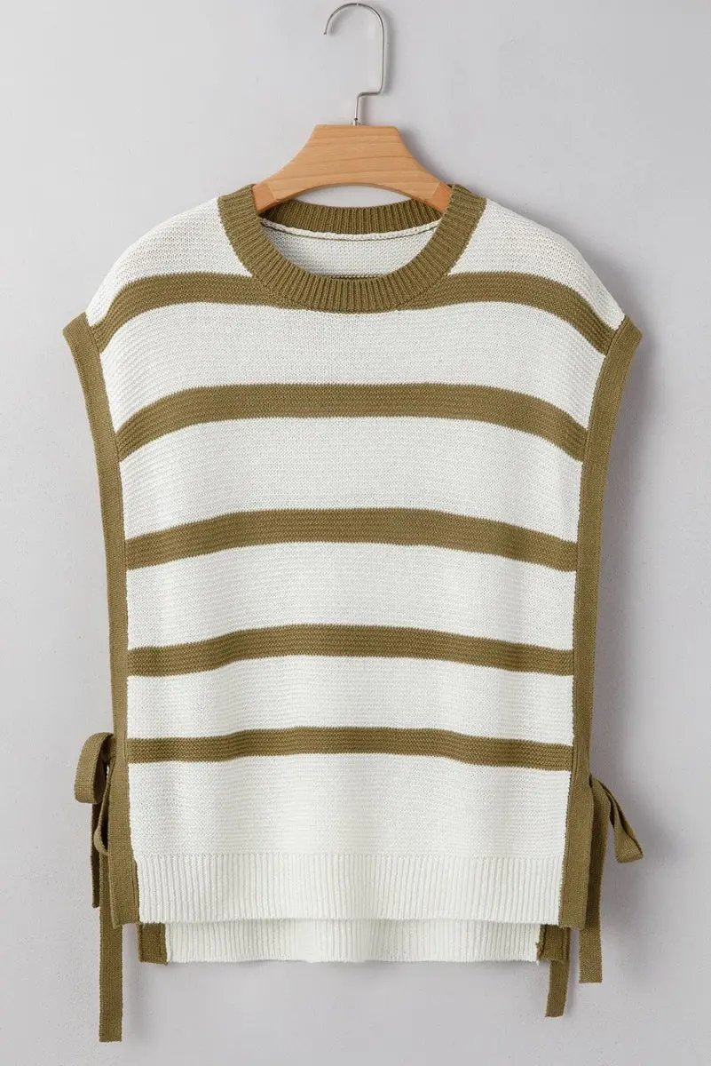 Khaki Stripe Tie Open Side Sweater Knitted Top for Women - Love Salve 