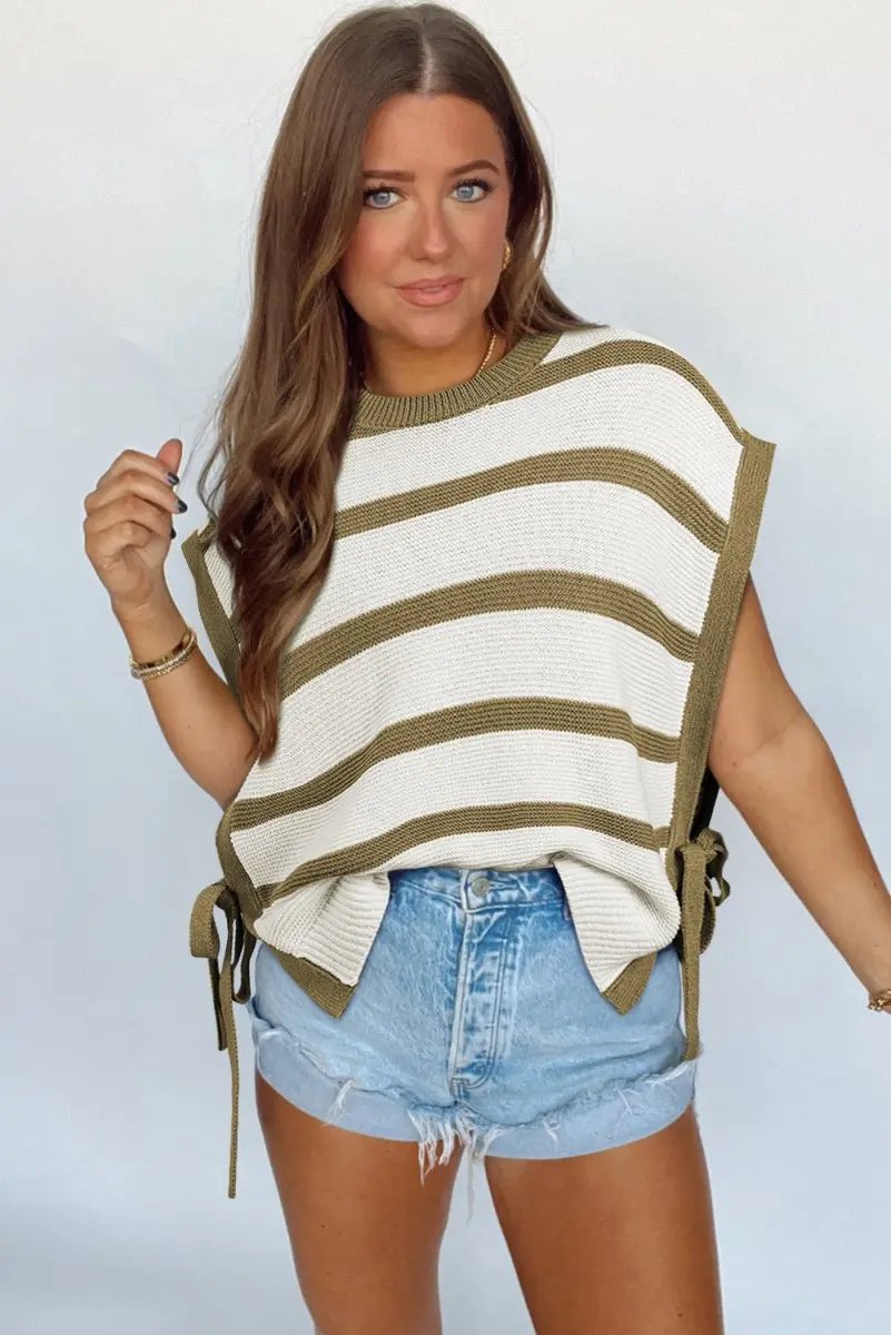 Khaki Stripe Tie Open Side Sweater Knitted Top for Women - Love Salve 
