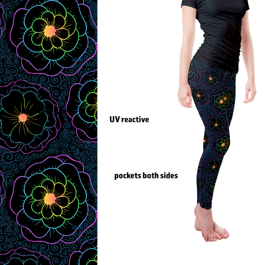 Fluorescent Glow Flowers Full Length Leggings with pockets MM
