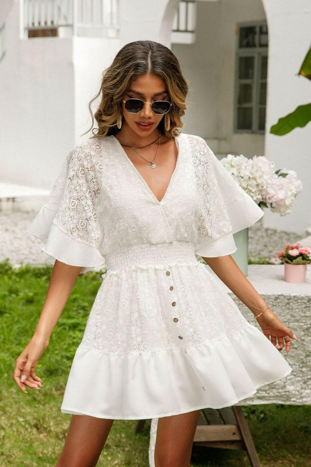 Lace Cutout Surplice Half Sleeve Dress - Love Salve