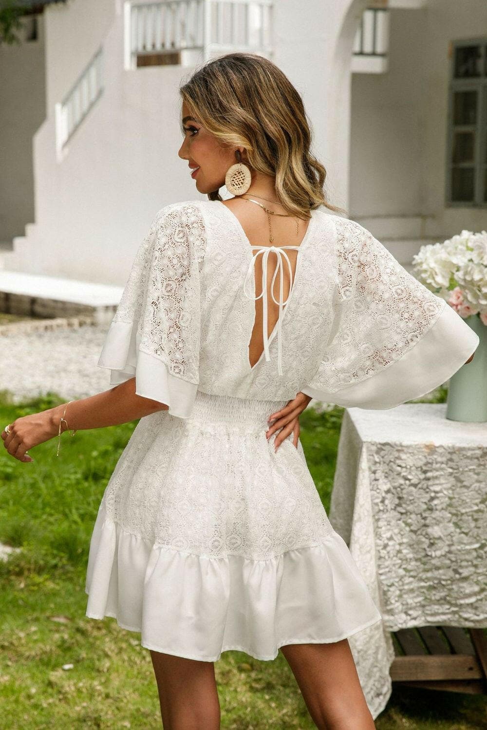 Lace Cutout Surplice Half Sleeve Dress - Love Salve