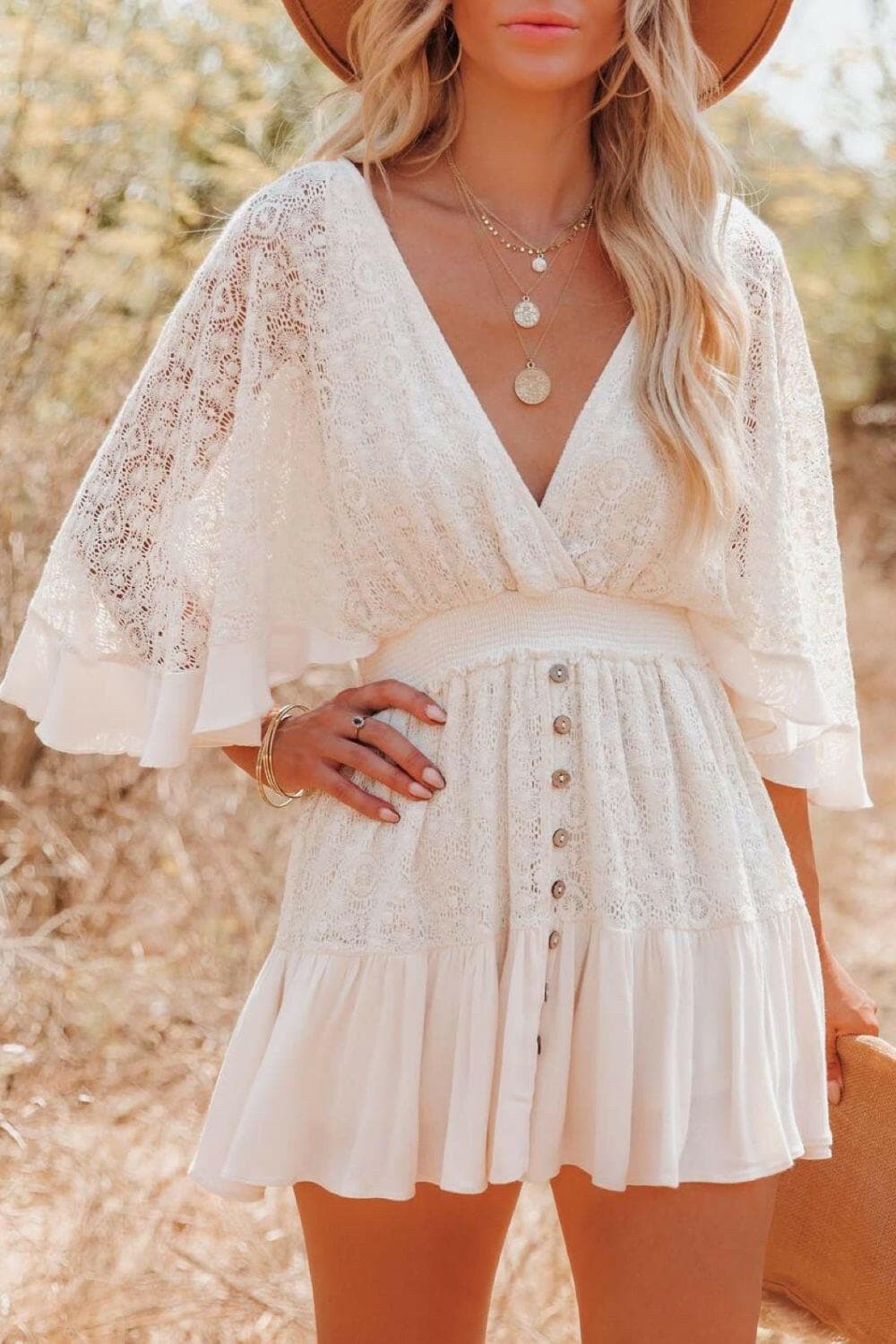 Lace Cutout Surplice Half Sleeve Dress - Love Salve