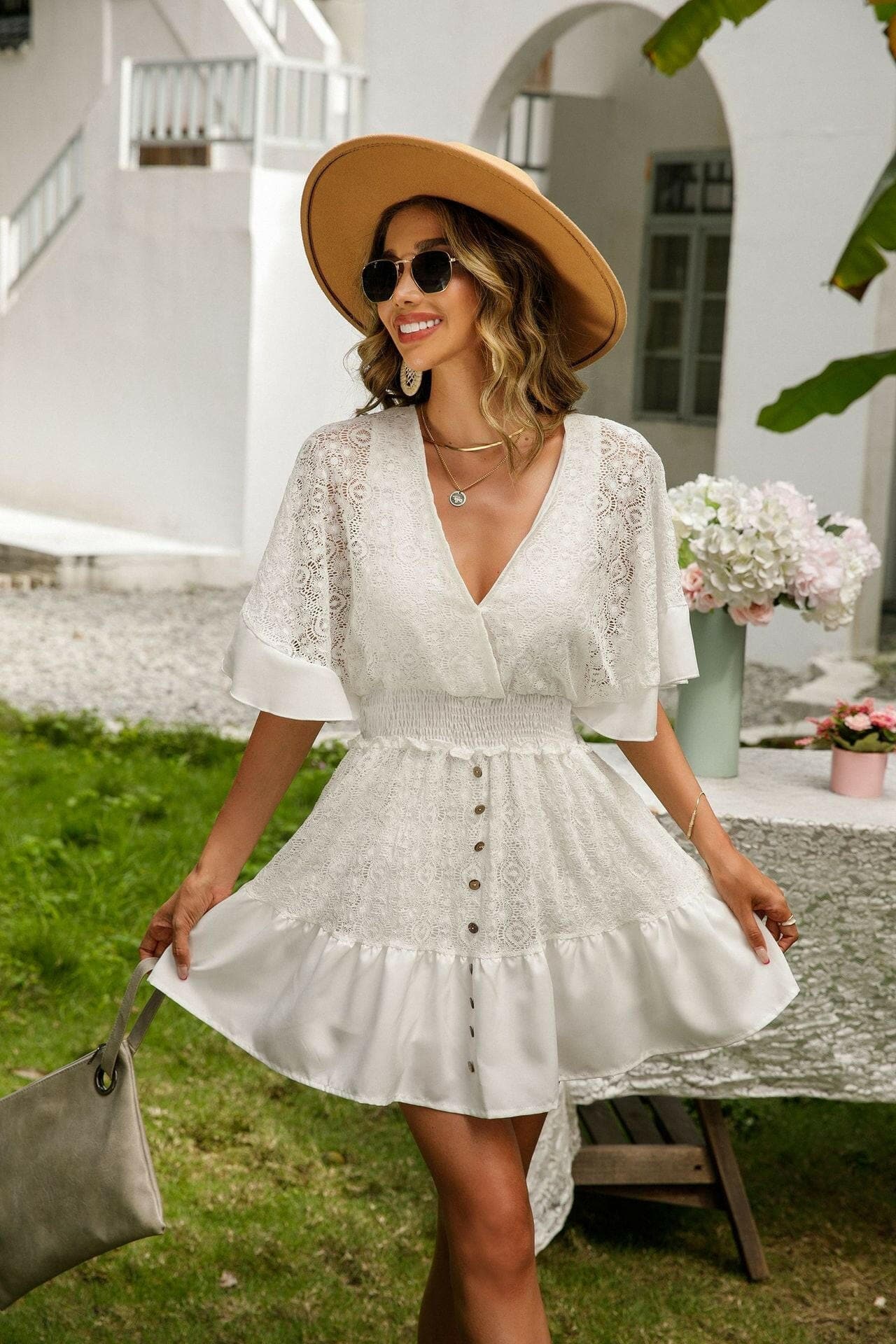 Lace Cutout Surplice Half Sleeve Dress - Love Salve