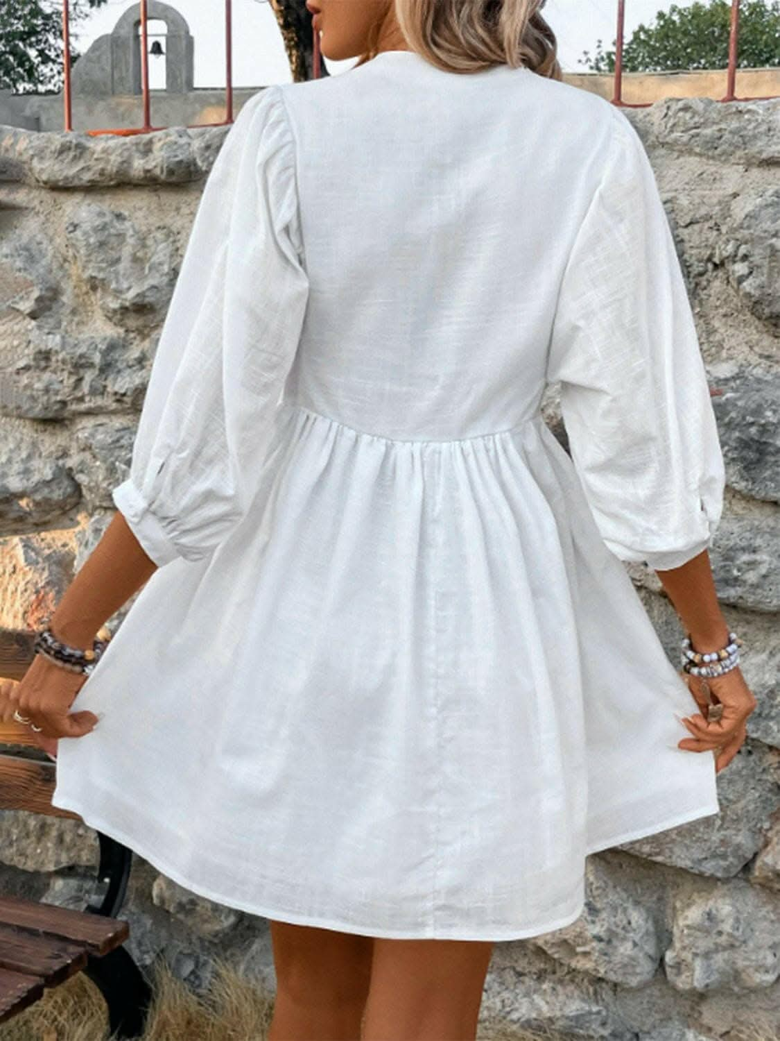 Lace Detail Half Button Three-Quarter Sleeve Dress - Love Salve