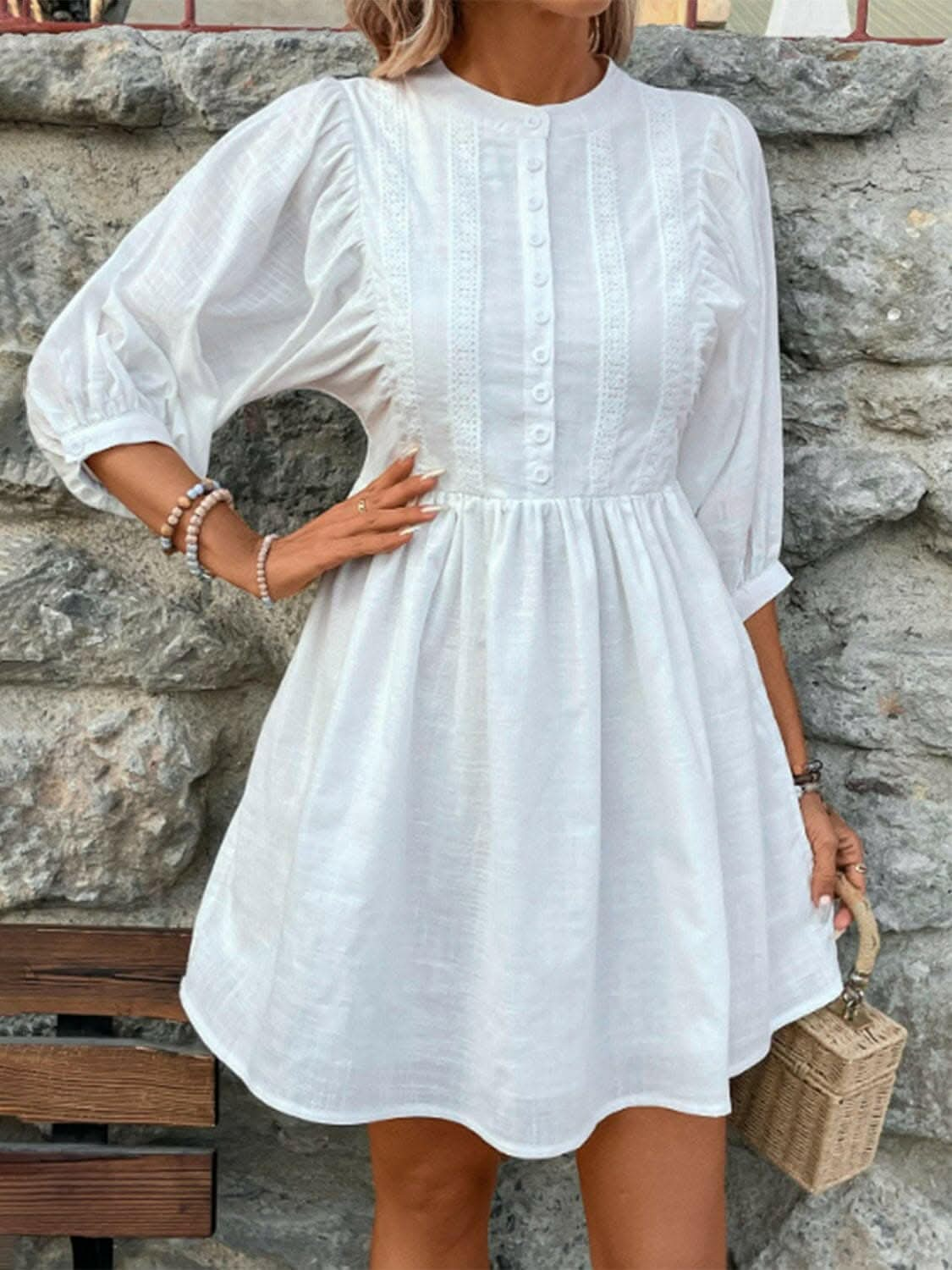 Lace Detail Half Button Three-Quarter Sleeve Dress - Love Salve