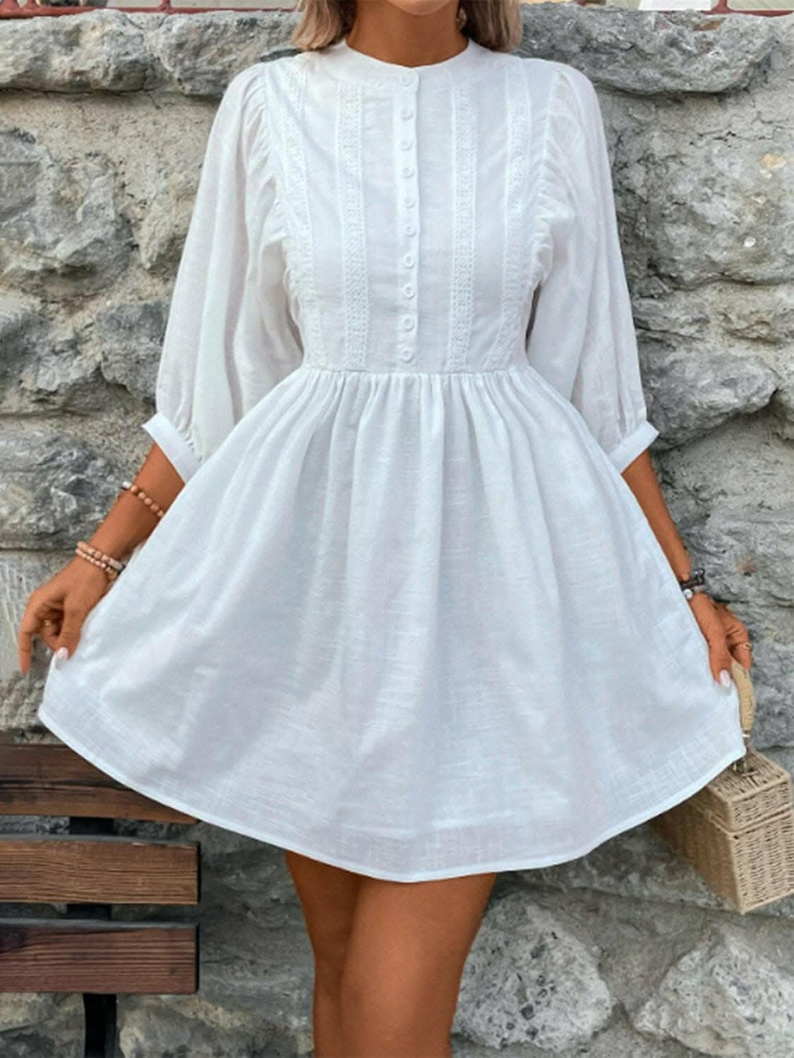 Lace Detail Half Button Three-Quarter Sleeve Dress - Love Salve