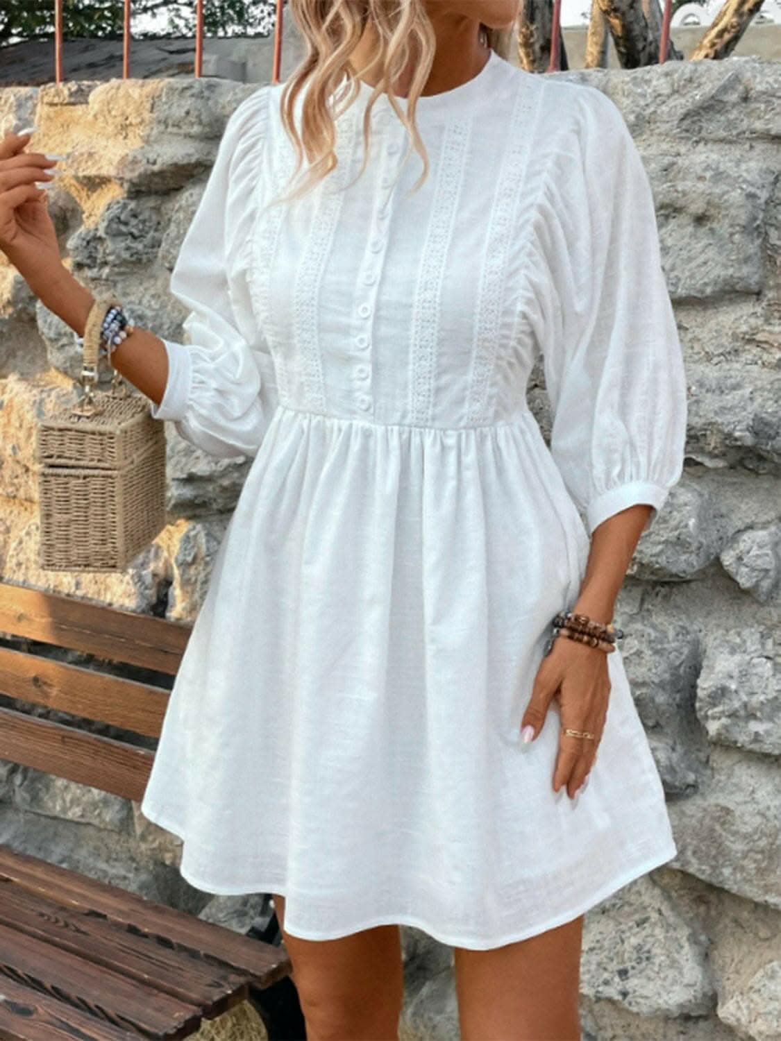 Lace Detail Half Button Three-Quarter Sleeve Dress - Love Salve