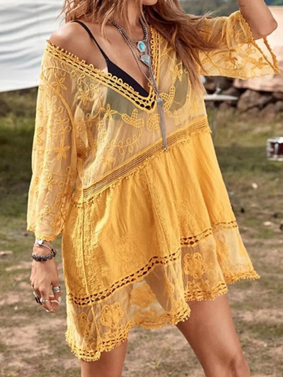 Lace Detail Plunge Cover-Up Dress for Stylish Beach Wear - Love Salve 