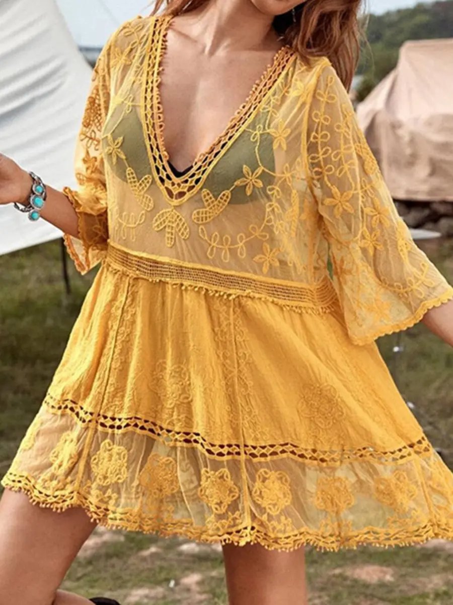 Lace Detail Plunge Cover-Up Dress for Stylish Beach Wear - Love Salve 
