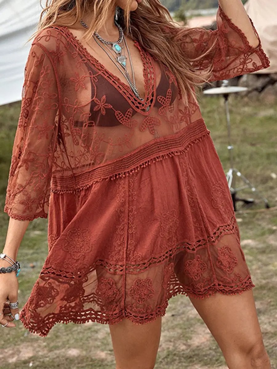 Lace Detail Plunge Cover-Up Dress for Stylish Beach Wear - Love Salve 