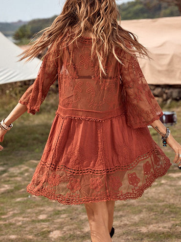 Lace Detail Plunge Cover-Up Dress for Stylish Beach Wear - Love Salve 