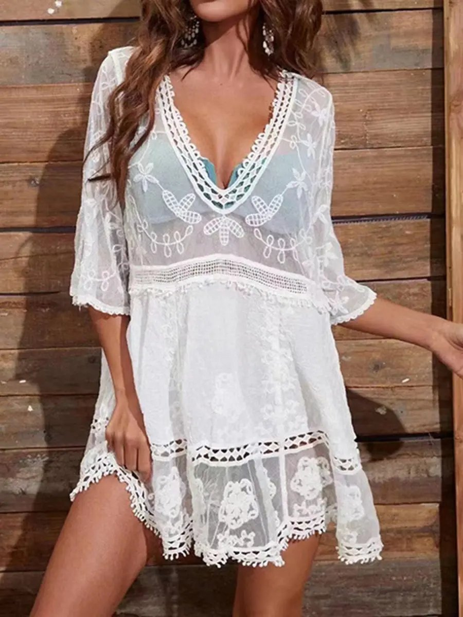 Lace Detail Plunge Cover-Up Dress for Stylish Beach Wear - Love Salve 