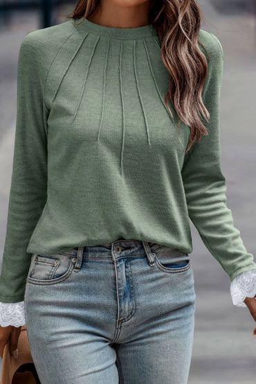 Lace Detail Round Neck Long Sleeve T-Shirt - Love Salve 
