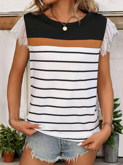 Lace Detail Striped Round Neck Cap Sleeve T-Shirt - Love Salve