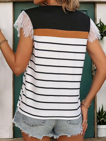 Lace Detail Striped Round Neck Cap Sleeve T-Shirt - Love Salve