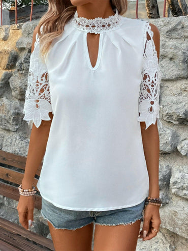 Lace Mock Neck Cold Shoulder Blouse - Love Salve