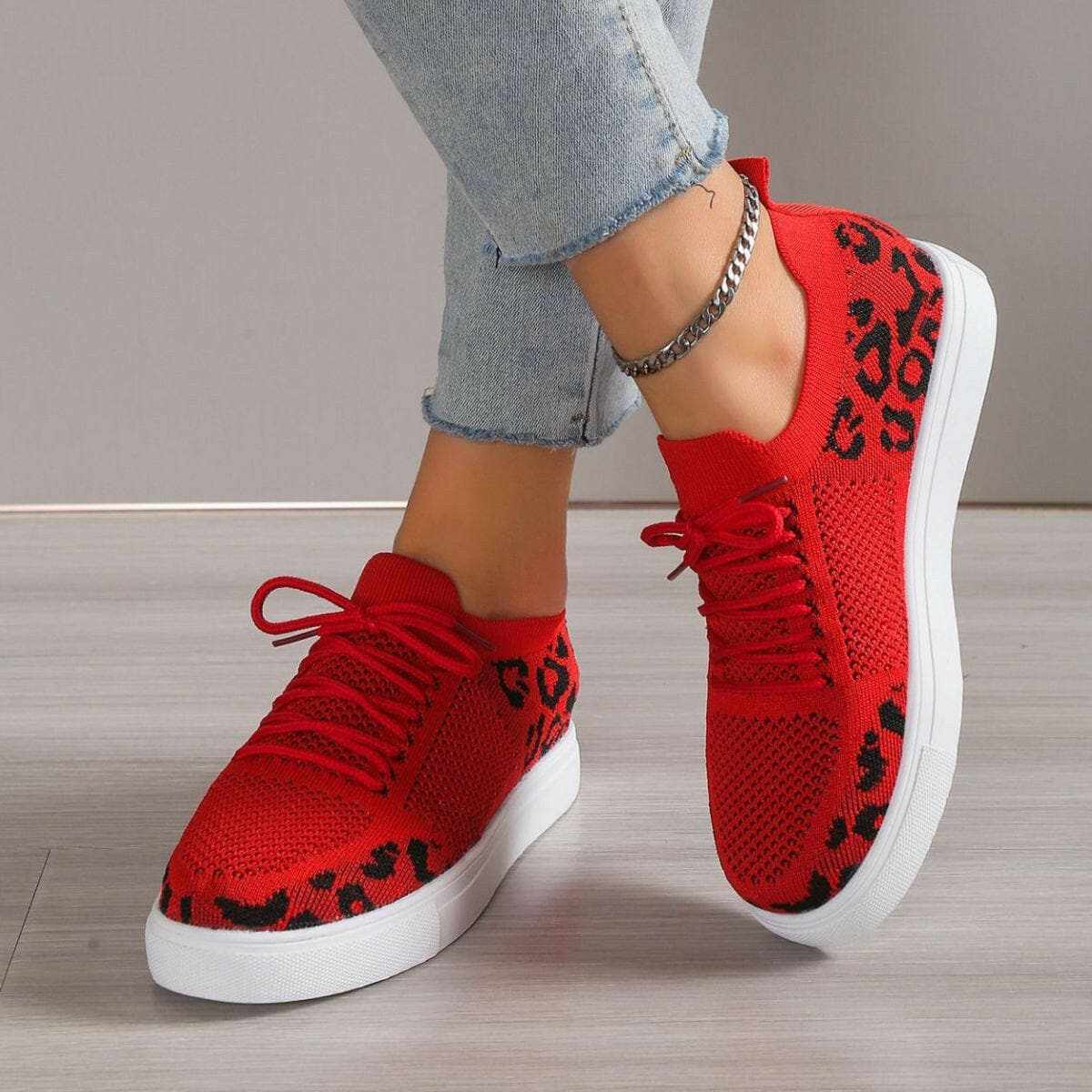 Lace-Up Leopard Flat Sneakers - Love Salve