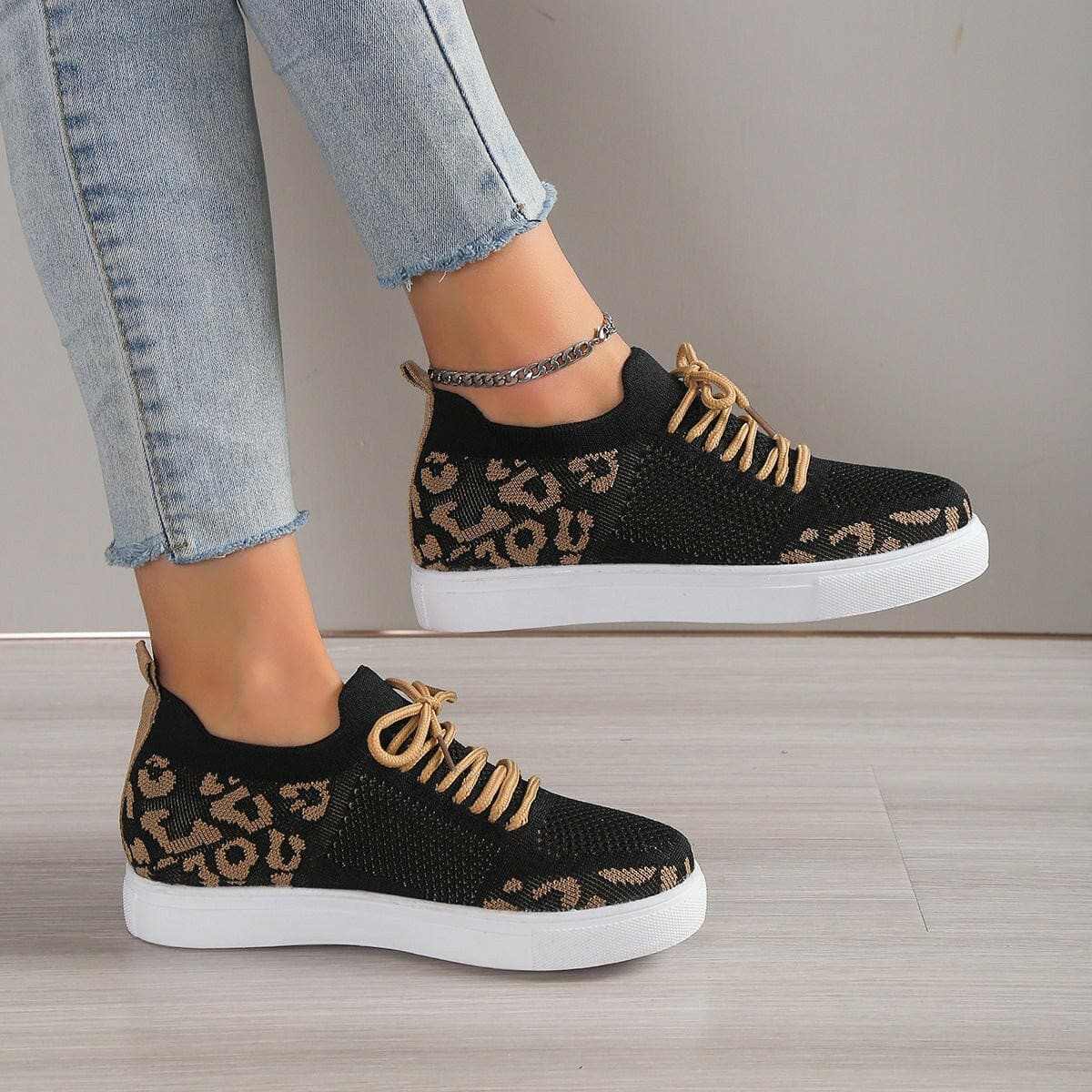 Lace-Up Leopard Flat Sneakers - Love Salve