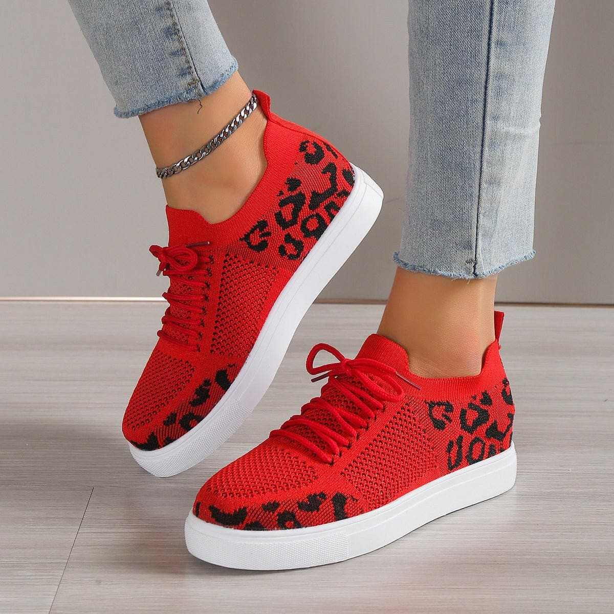 Lace-Up Leopard Flat Sneakers - Love Salve