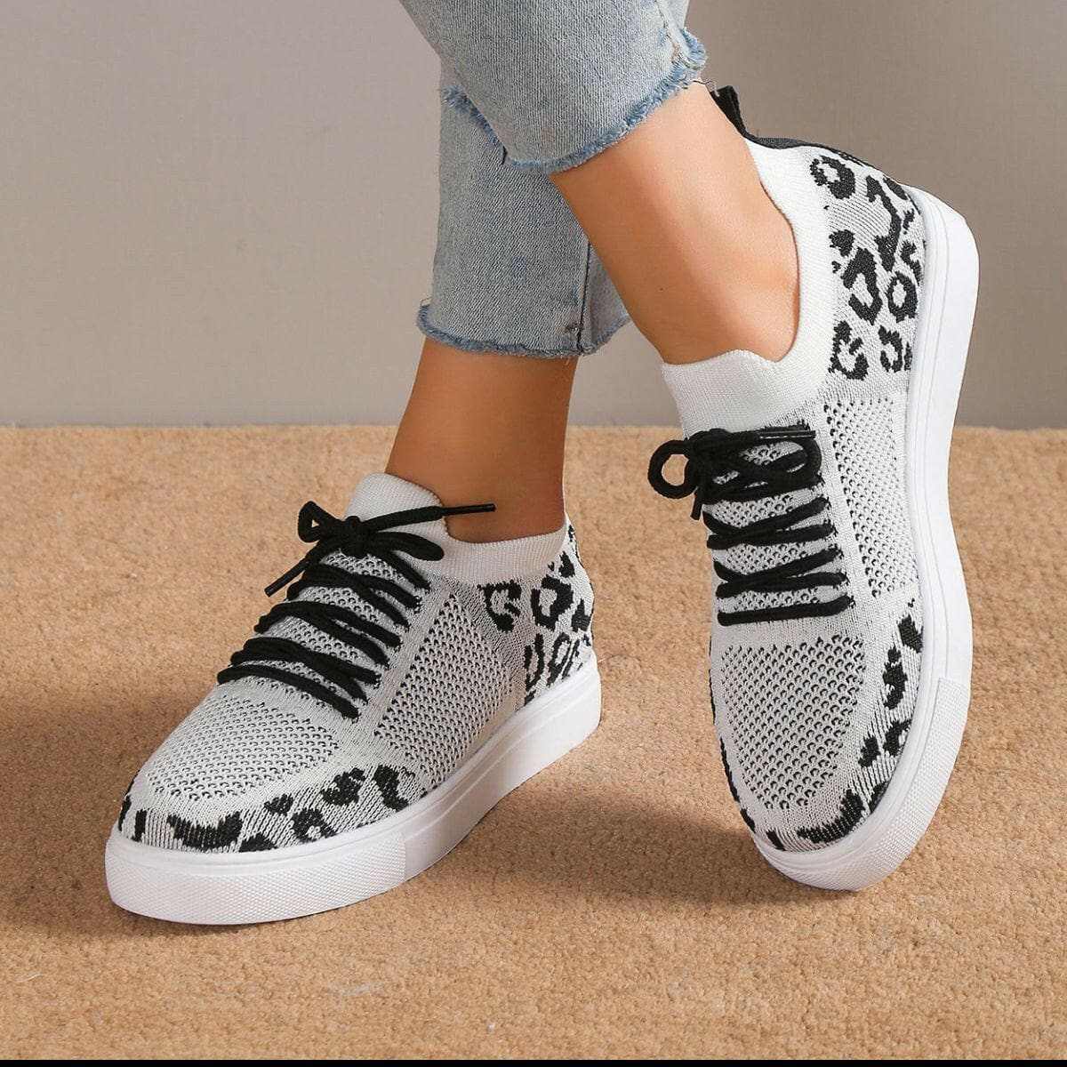 Lace-Up Leopard Flat Sneakers - Love Salve