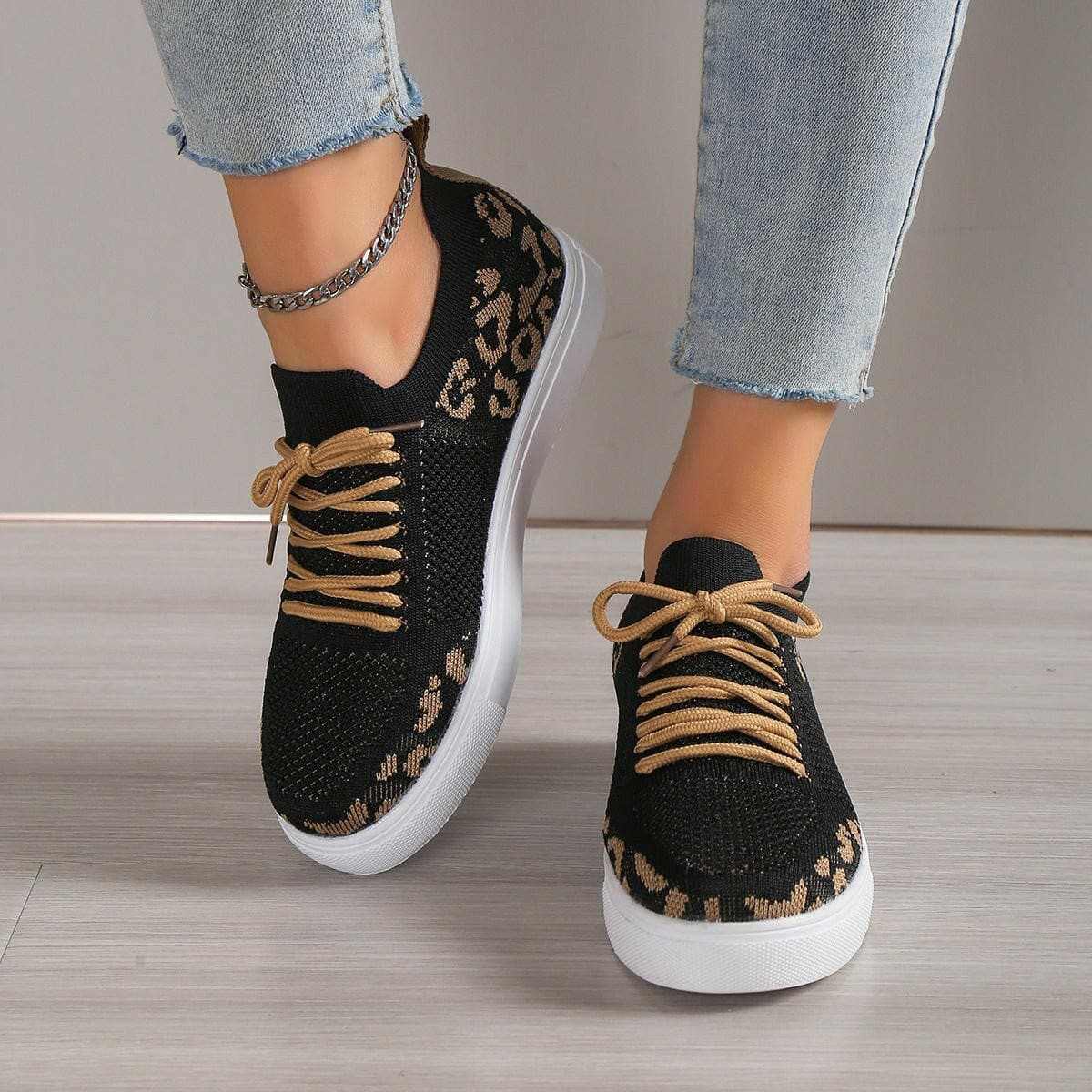 Lace-Up Leopard Flat Sneakers - Love Salve