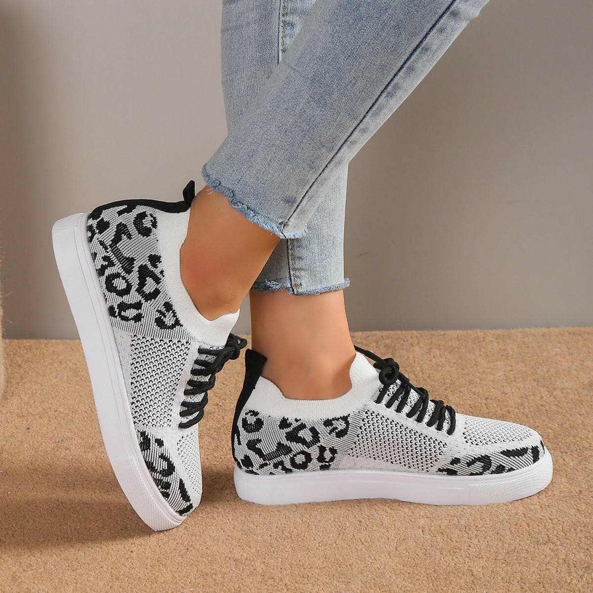 Lace-Up Leopard Flat Sneakers - Love Salve