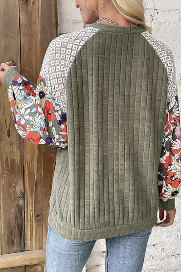 Laurel Green Floral Patchwork Long Sleeve Ribbed Blouse - Love Salve 