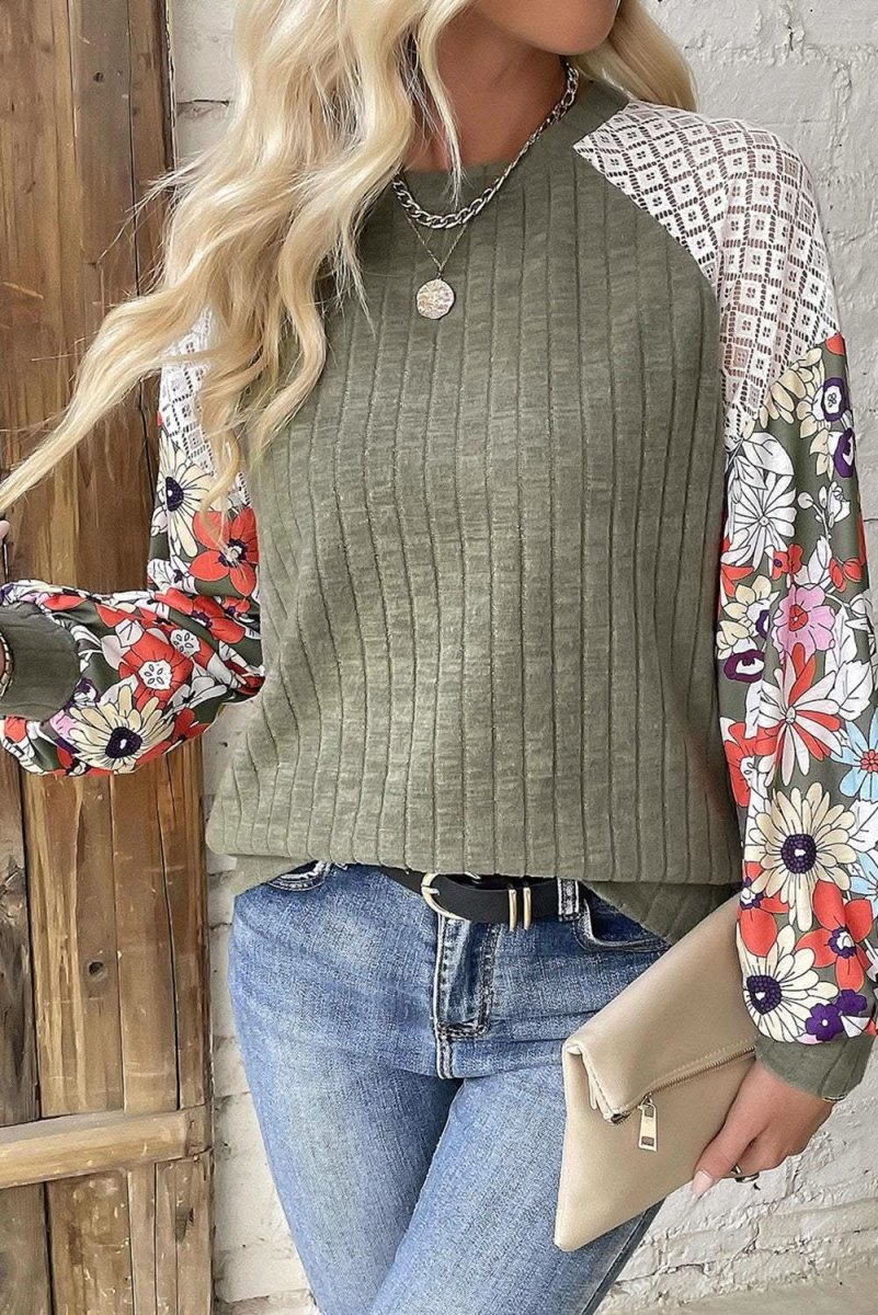Laurel Green Floral Patchwork Long Sleeve Ribbed Blouse - Love Salve 