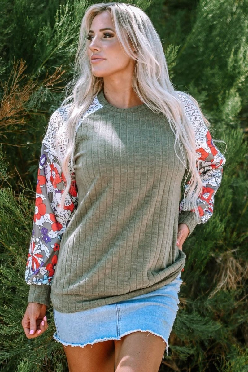 Laurel Green Floral Patchwork Long Sleeve Ribbed Blouse - Love Salve 