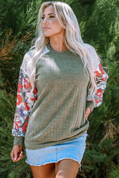 Laurel Green Floral Patchwork Long Sleeve Ribbed Blouse - Love Salve 