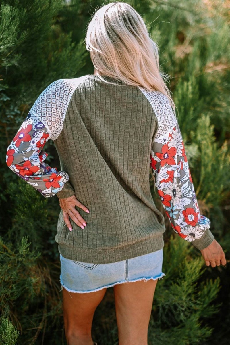 Laurel Green Floral Patchwork Long Sleeve Ribbed Blouse - Love Salve 