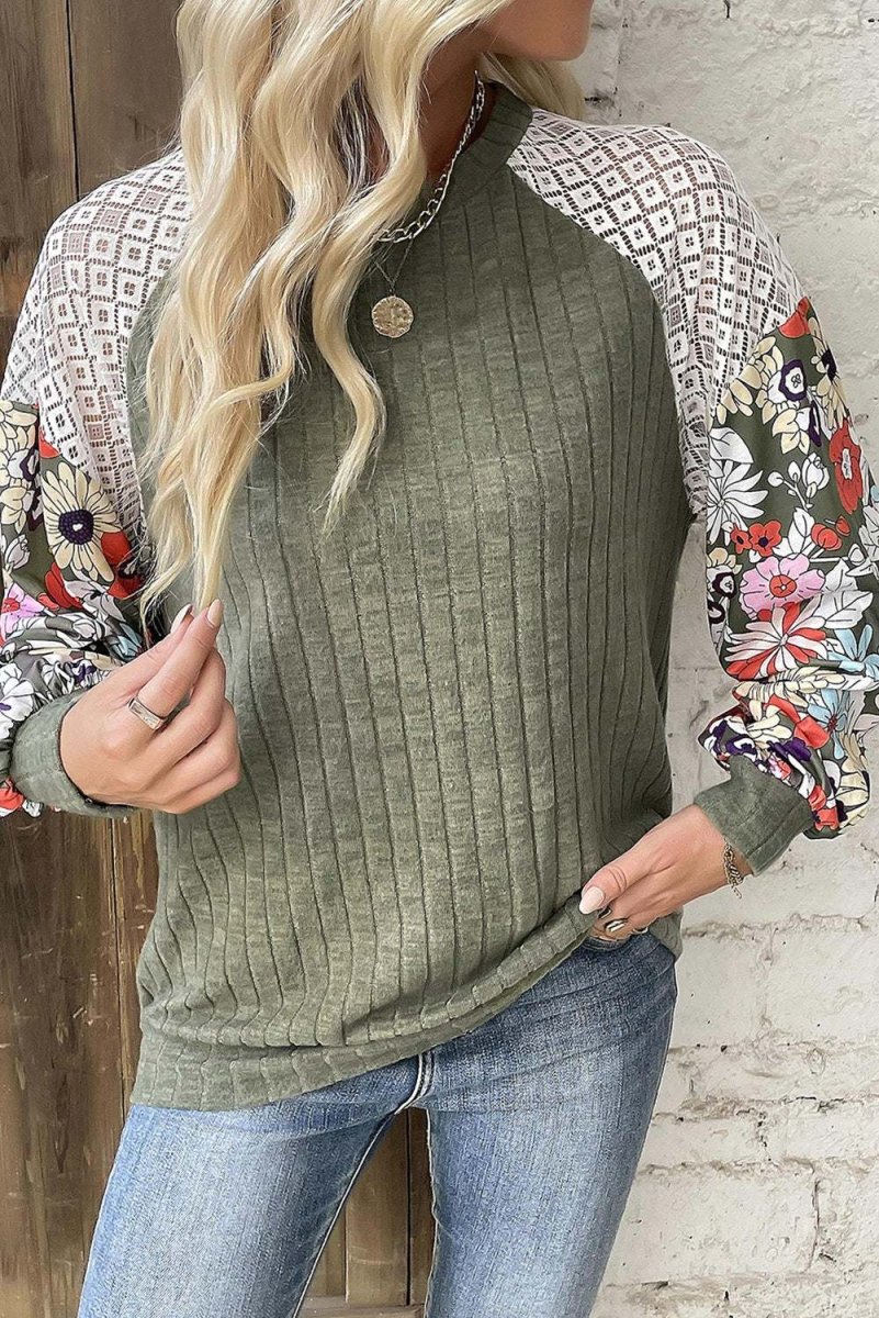 Laurel Green Floral Patchwork Long Sleeve Ribbed Blouse - Love Salve 